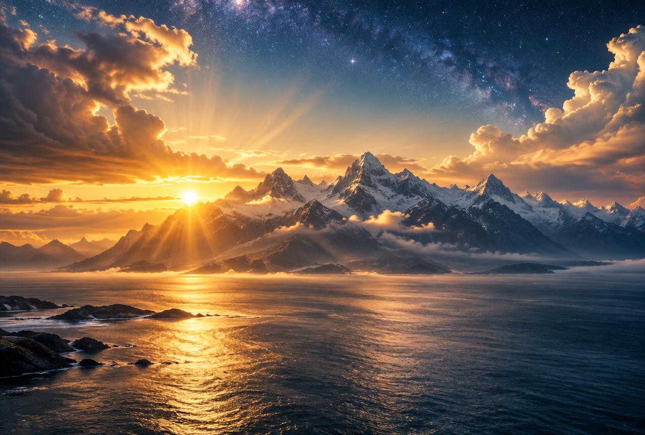Montanhas e oceano ao amanhecer sob um céu estrelado