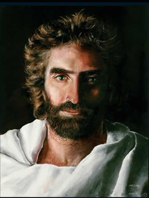 Retrato artístico de Jesus Cristo vestido de branco, com olhar sereno