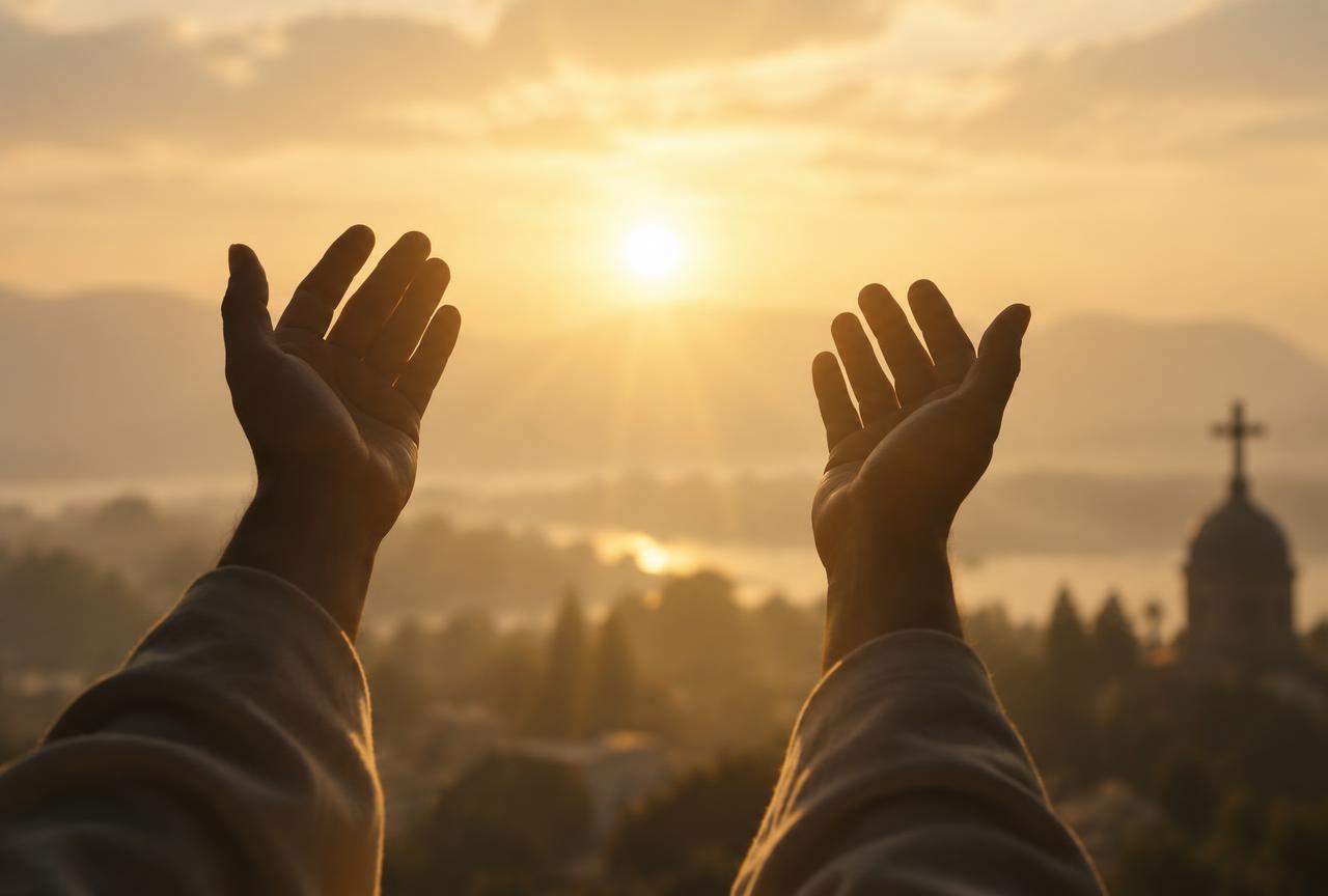 Mãos erguidas em oração contra a luz dourada da manhã, buscando a presença de Deus