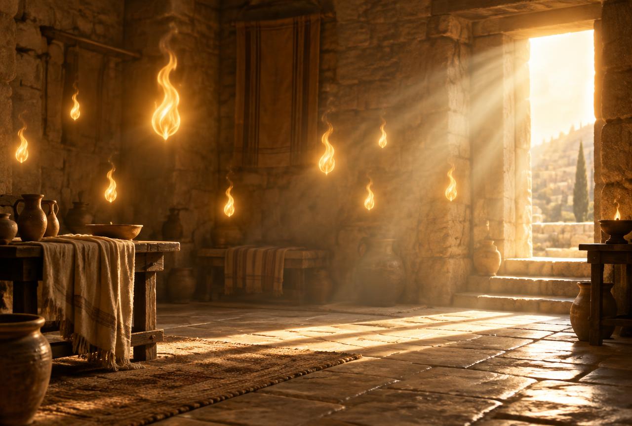 Chamas douradas suspensas em uma sala antiga iluminada, cena que evoca o fogo do dia de Pentecostes