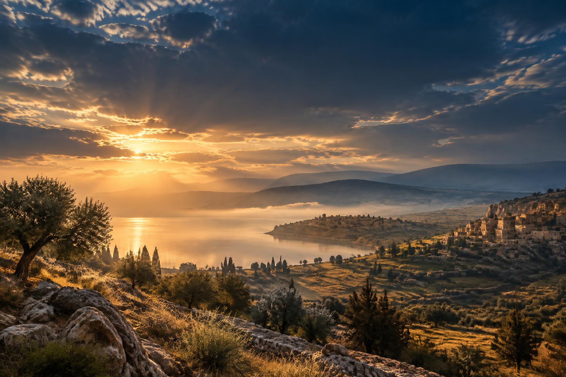 Luz suave sobre paisagem bíblica que remete à vida de Jesus Cristo