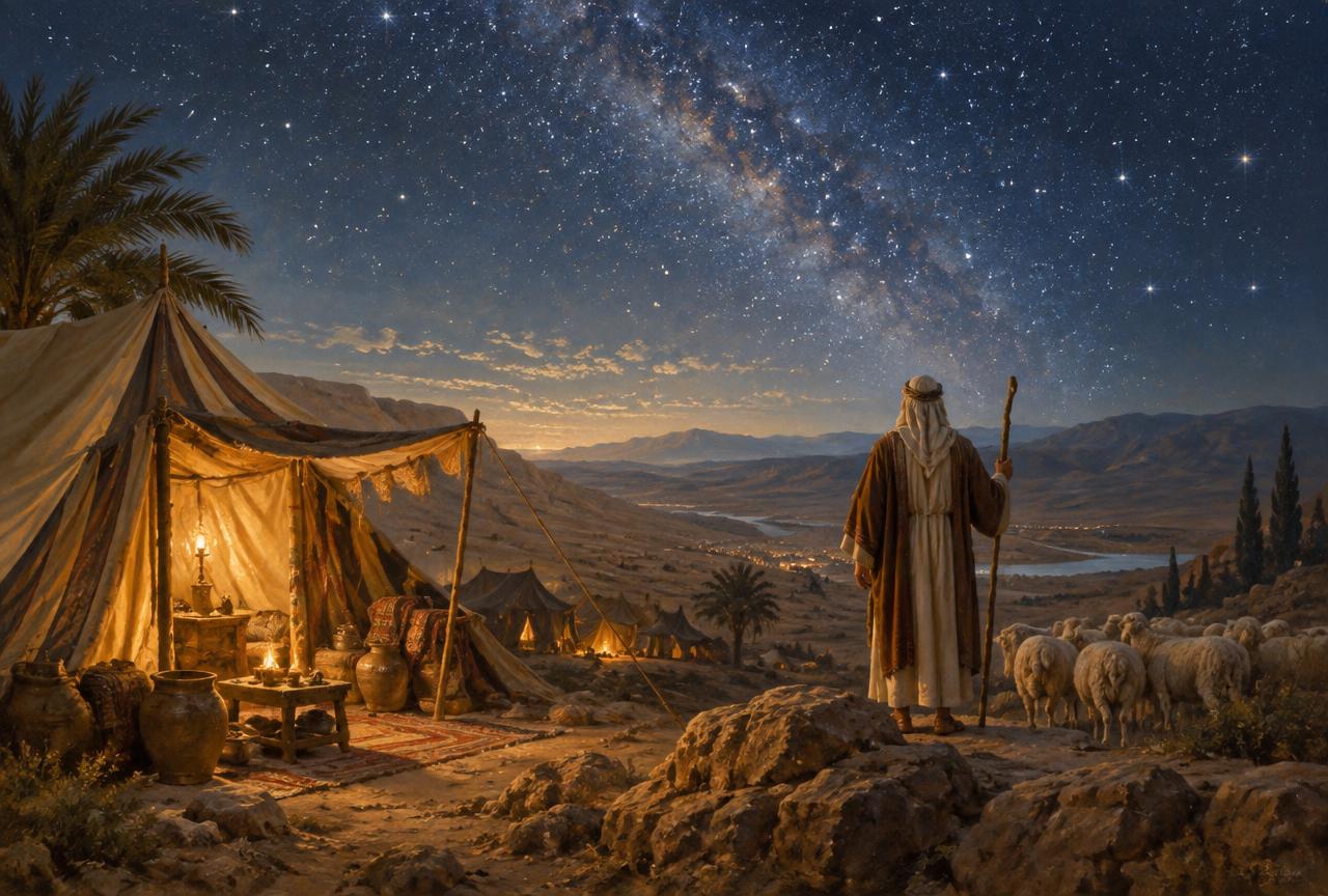 Tendas de uma família patriarcal sob um céu estrelado no deserto
