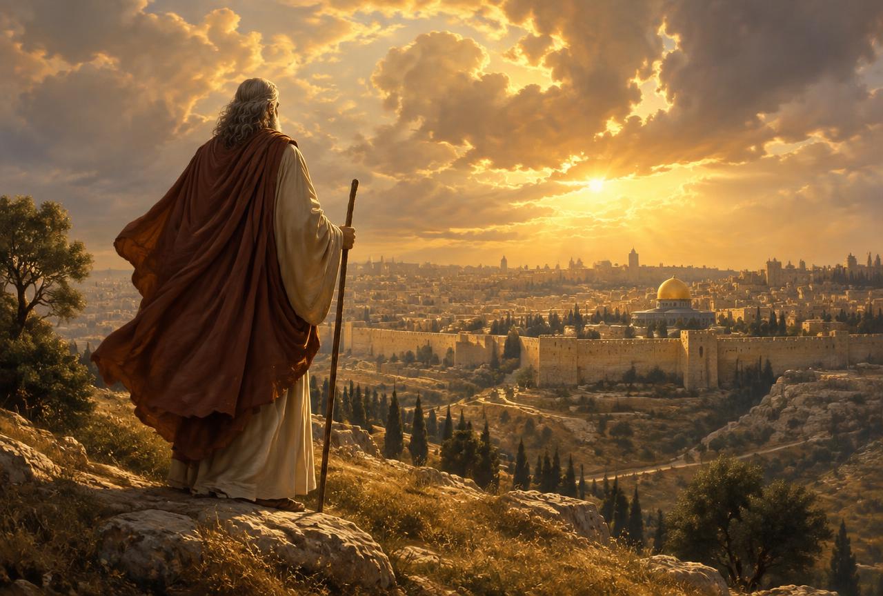 Profeta de perfil diante de Jerusalém ao amanhecer